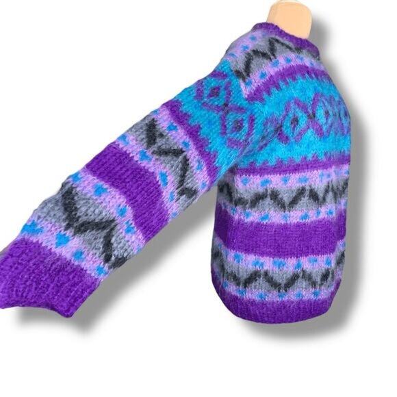 Vintage 90s Icelandic Design Mohair Wool Fair Isle Sweater Purple Blue Medium - Picture 3 of 9